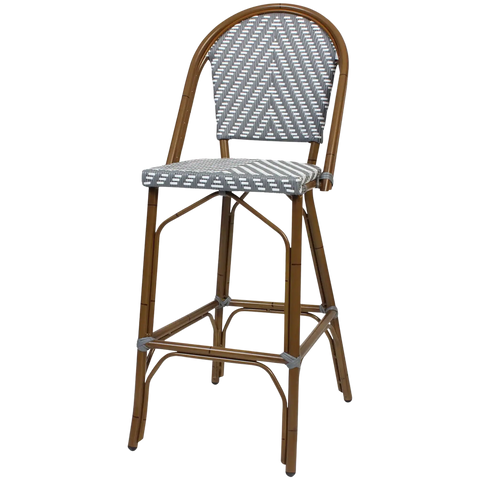 Jasmine Barstool With Backrest In Chevron Weave Grey White, Viewed From Front Angle