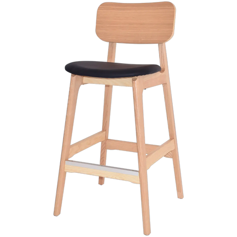 Jonah Bar Stool In Natural Frame And Black Vinyl Seat Pad Viewd From Front Angle