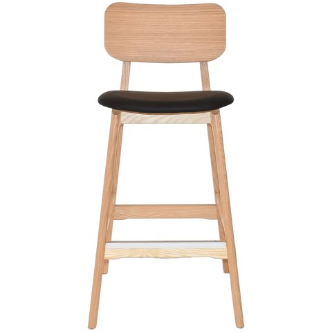 Jonah Bar Stool In Natural Frame And Black Vinyl Seat Pad Viewed From Front