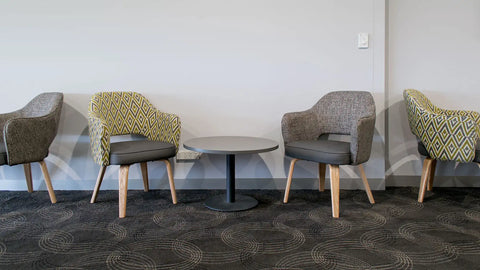 Kimba Tub Chairs with Custom Upholstery And Carlton Table Bases With Melamine Table Tops In Foyer At Club Marion