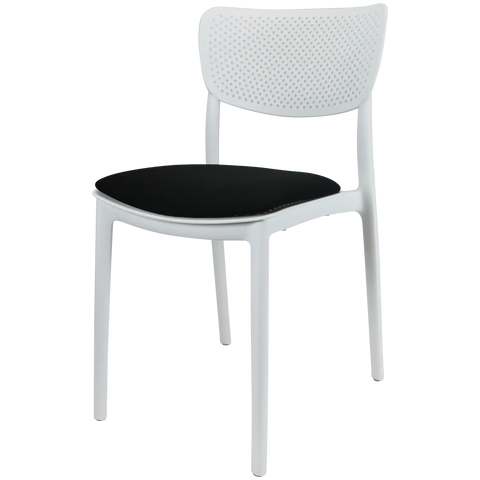 Lucy Chair By Siesta In White With Black Seat Pad, Viewed From Angle