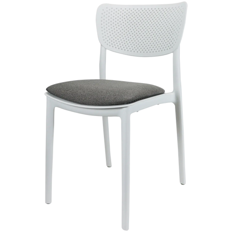 Lucy Chair By Siesta In White With Taupe Seat Pad, Viewed From Angle