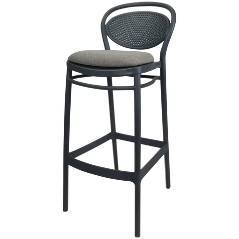 Marcel Bar Stool By Siesta In Anthracite With Taupe Seat Pad, Viewed From Angle