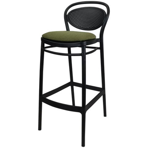 Marcel Bar Stool By Siesta In Black With Olive Green Seat Pad, Viewed From Angle