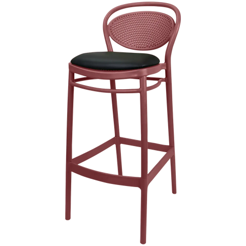 Marcel Bar Stool By Siesta In Marsala With Black Vinyl Seat Pad, Viewed From Angle