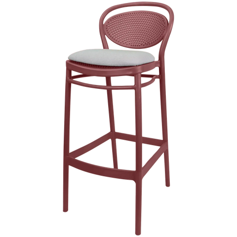 Marcel Bar Stool By Siesta In Marsala With Light Grey Seat Pad, Viewed From Angle