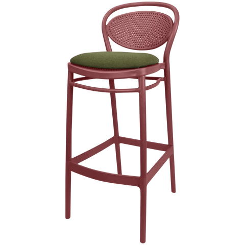 Marcel Bar Stool By Siesta In Marsala With Olive Green Seat Pad, Viewed From Angle
