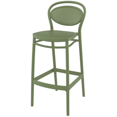 Marcel Bar Stool By Siesta In Olive Green, Viewed From Angle In Front