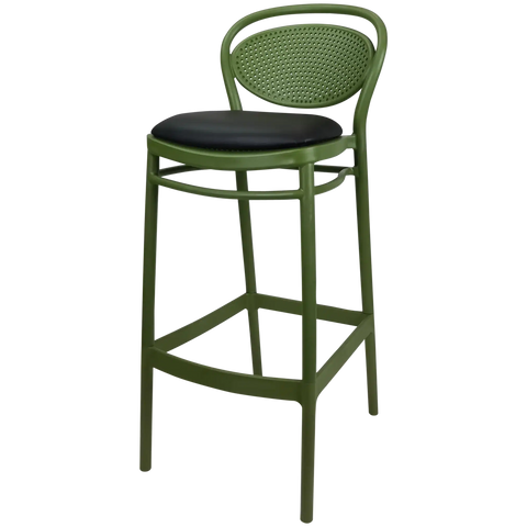 Marcel Bar Stool By Siesta In Olive Green With Black Vinyl Seat Pad, Viewed From Angle