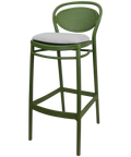 Marcel Bar Stool By Siesta In Olive Green With Light Grey Seat Pad, Viewed From Angle
