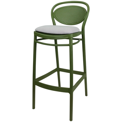 Marcel Bar Stool By Siesta In Olive Green With Light Grey Seat Pad, Viewed From Angle