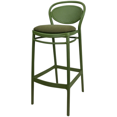 Marcel Bar Stool By Siesta In Olive Green With Olive Green Seat Pad, Viewed From Angle