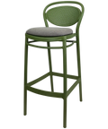 Marcel Bar Stool By Siesta In Olive Green With Taupe Seat Pad, Viewed From Angle