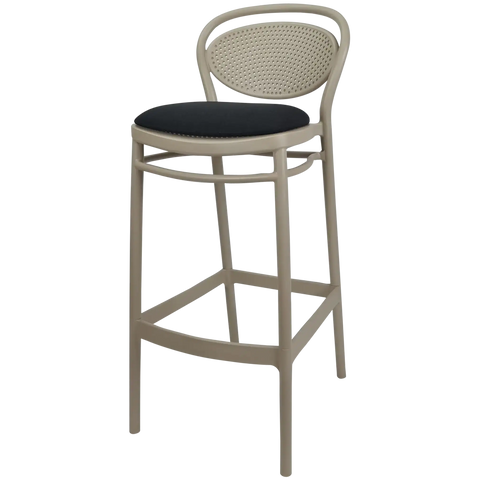 Marcel Bar Stool By Siesta In Taupe With Black Seat Pad, Viewed From Angle