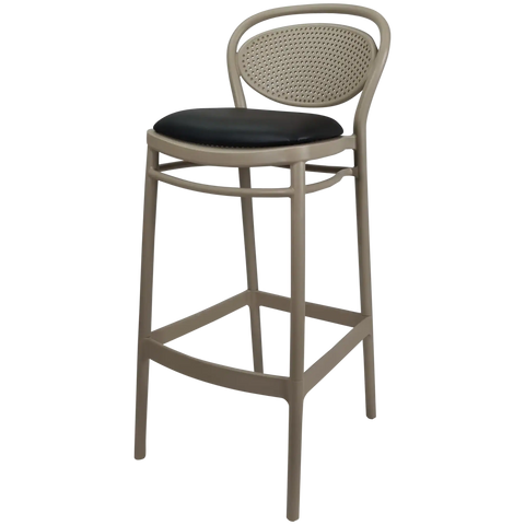 Marcel Bar Stool By Siesta In Taupe With Black Vinyl Seat Pad, Viewed From Angle