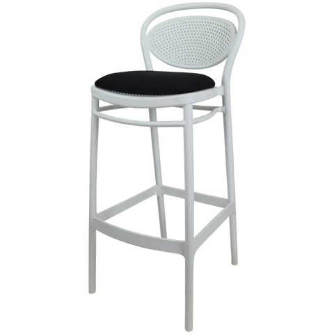 Marcel Bar Stool By Siesta In White With Black Seat Pad, Viewed From Angle