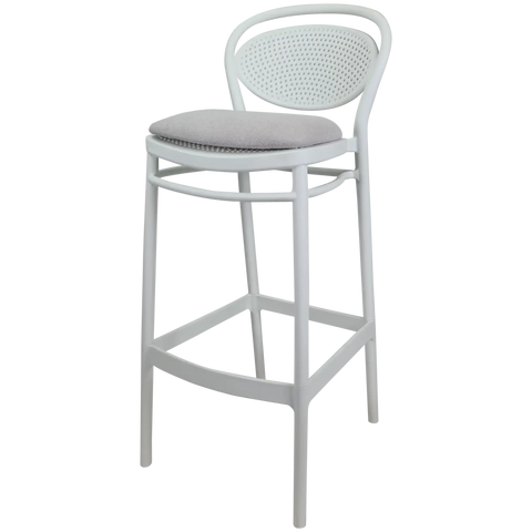 Marcel Bar Stool By Siesta In White With Light Grey Seat Pad, Viewed From Angle