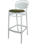 Marcel Bar Stool By Siesta In White With Olive Green Seat Pad, Viewed From Angle