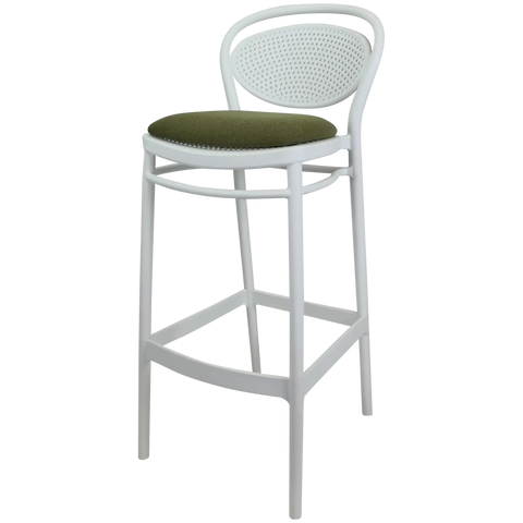 Marcel Bar Stool By Siesta In White With Olive Green Seat Pad, Viewed From Angle