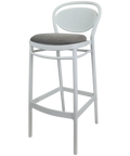 Marcel Bar Stool By Siesta In White With Taupe Seat Pad, Viewed From Angle