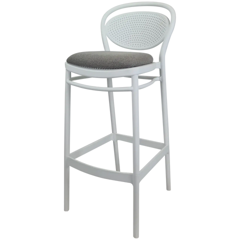 Marcel Bar Stool By Siesta In White With Taupe Seat Pad, Viewed From Angle