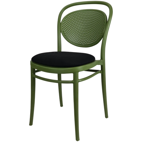 Marcel Chair By Siesta In Olive Green With Black Seat Pad, Viewed From Angle