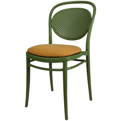 Marcel Chair By Siesta In Olive Green With Orange Seat Pad, Viewed From Angle