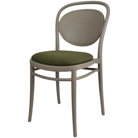 Marcel Chair By Siesta In Taupe With Olive Green Seat Pad, Viewed From Angle