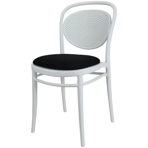 Marcel Chair By Siesta In White With Black Seat Pad, Viewed From Angle 2