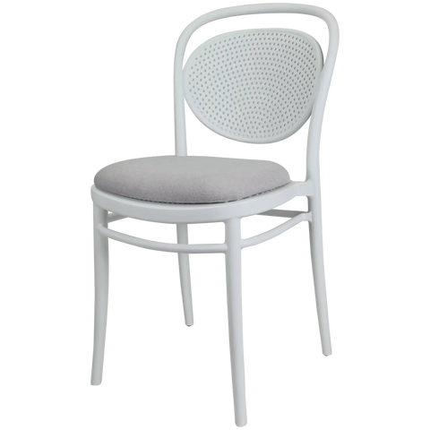 Marcel Chair In White With Light Grey Seat Pad, Viewed From Angle