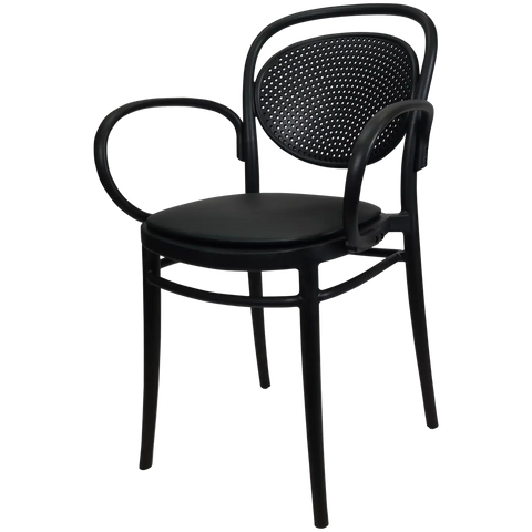 Marcel XL Armchair In Black With Black Vinyl Seat Pad, Viewed From Angle In Front