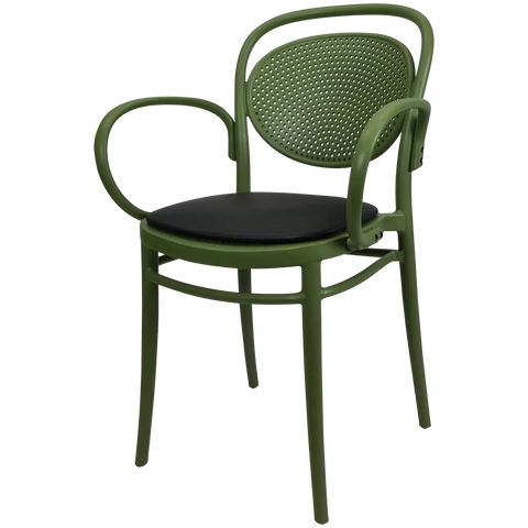 Marcel XL Armchair In Olive Green With Black Vinyl Seat Pad, Viewed From Angle In Front