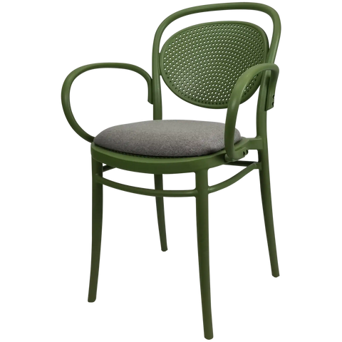 Marcel XL Armchair In Olive Green With Taupe Seat Pad, Viewed From Angle In Front