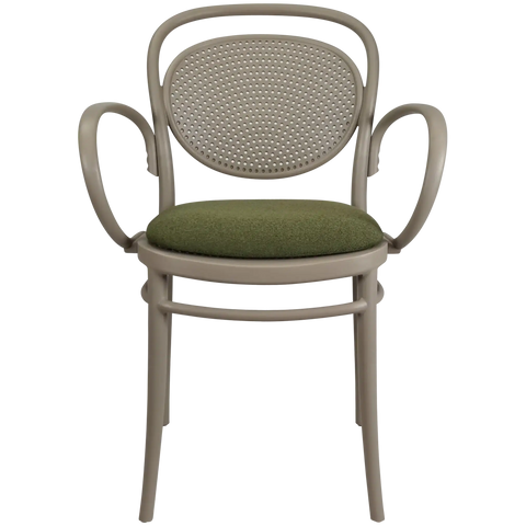 Marcel XL Armchair In Taupe With Olive Green Seat Pad, Viewed From Angle In Front