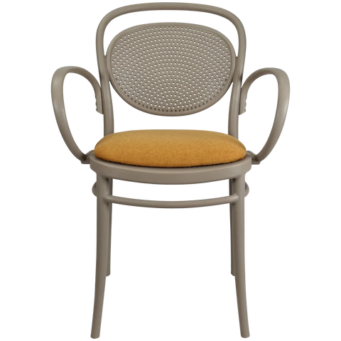 Marcel XL Armchair In Taupe With Orange Seat Pad, Viewed From Front Angle