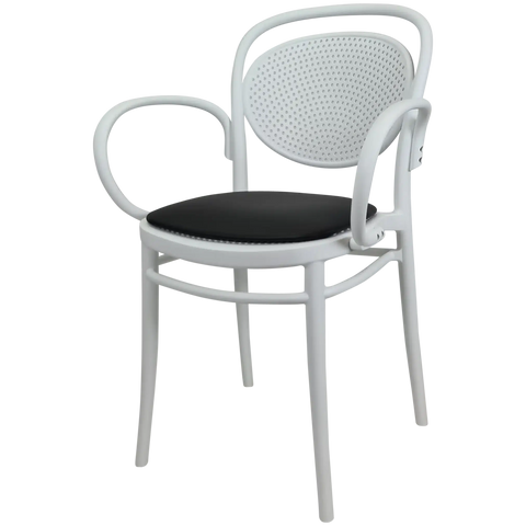 Marcel XL Armchair In White With Black Vinyl Seat Pad, Viewed From Angle In Front