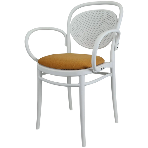 Marcel XL Armchair In White With Orange Seat Pad, Viewed From Angle In Front