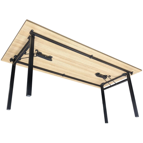Melamine Top With Deluxe Folding Banquette Trestle Legs, View From Angle In Front Underneath