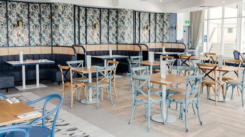 Monique Crossback Chair And Custom Banquet Seating With Carlton Round Table Base And Rubberwood Table Tops At Hotel Pacific