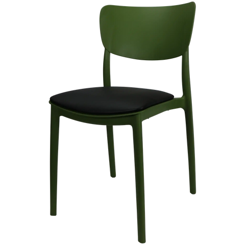 Monna Chair By Siesta In Olive Green With Black Vinyl Seat Pad, Viewed From Angle
