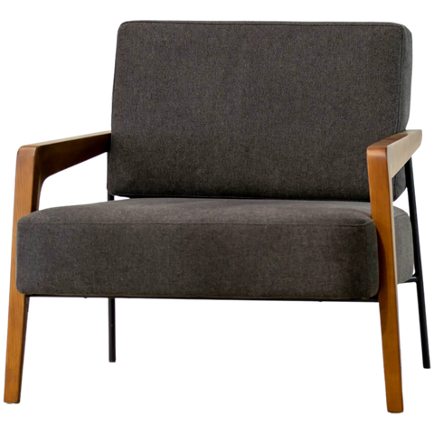 Montecristo Lounge Chair Walnut Arms With Black Legs And Charcoal Fabric, Viewed From Angle In Front