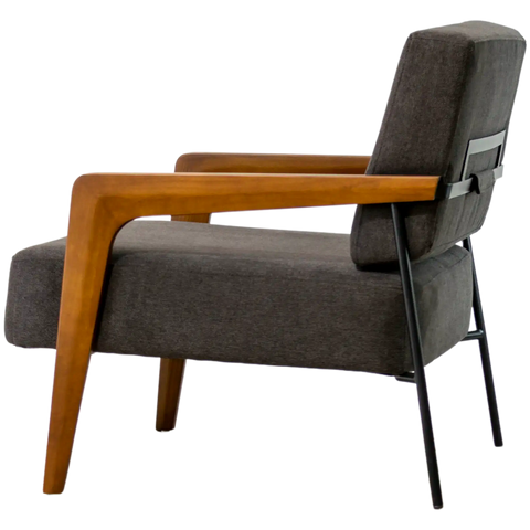 Montecristo Lounge Chair Walnut Arms With Black Legs And Charcoal Fabric, Viewed From Angle On Side