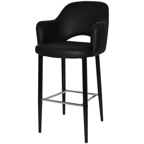 Mulberry Arm Bar Stool Black Metal 4 Leg With Black Vinyl Shell, View From Angle In Front