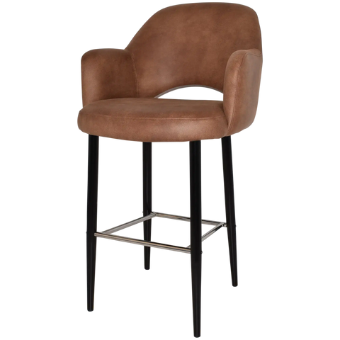 Mulberry Arm Bar Stool Black Metal 4 Leg With Eastwood Tan Shell, Viewed From Angle In Front