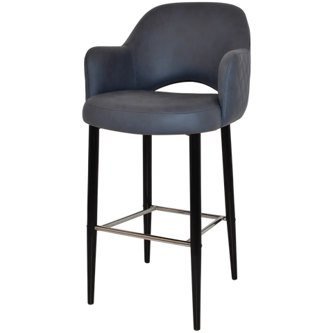 Mulberry Arm Bar Stool Black Metal 4 Leg With Pelle Benito Navy Shell, Viewed From Angle In Front