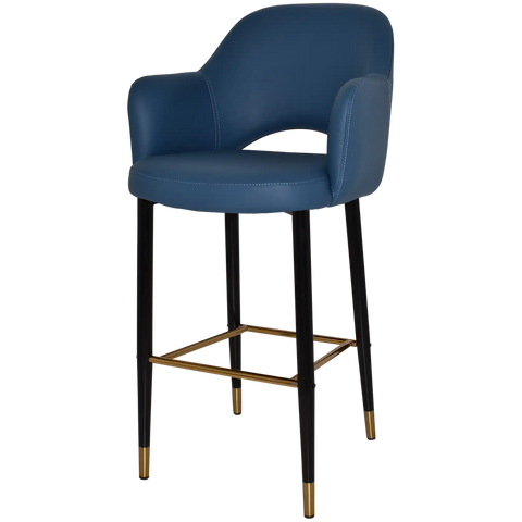 Mulberry Arm Bar Stool Black With Brass Tip Metal 4 Leg With Black Vinyl Shell, Viewed From Angle In Front