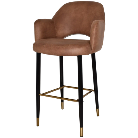 Mulberry Arm Bar Stool Black With Brass Tip Metal 4 Leg With Eastwood Tan Shell, Viewed From Angle In Front