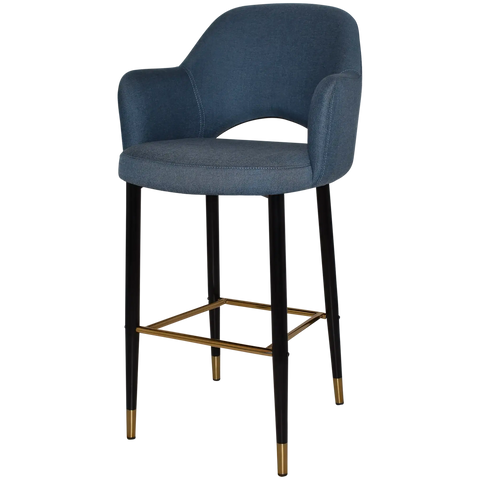 Mulberry Arm Bar Stool Black With Brass Tip Metal 4 Leg With Gravity Denim Shell, Viewed From Angle In Front