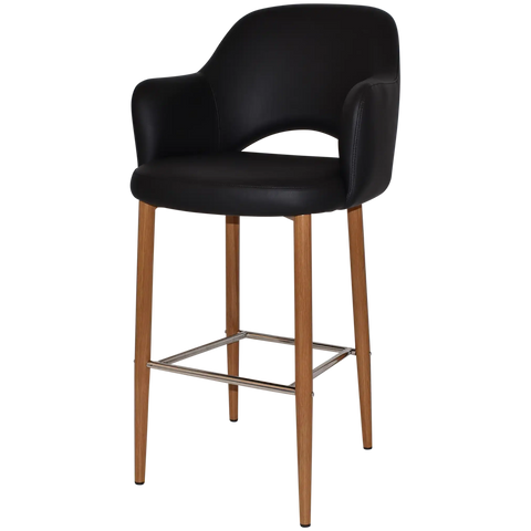 Mulberry Arm Bar Stool Light Oak Metal 4 Leg With Black Vinyl Shell, View From Angle In Front