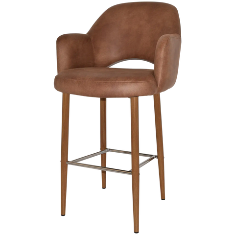 Mulberry Arm Bar Stool Light Oak Metal 4 Leg With Eastwood Tan Shell, Viewed From Angle In Front